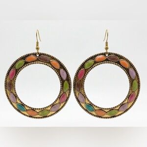 Boho Multicolored Enamel Hoop Earrings - Antique Gold Tone